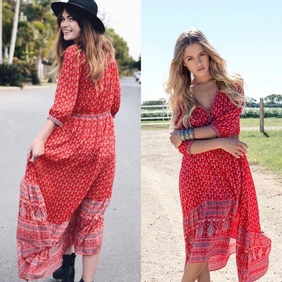 Spell Dress Gypsiana Hi-Low Maxi Tassels Floral Asymmetric Red Bandana S FLAW - Picture 9 of 15